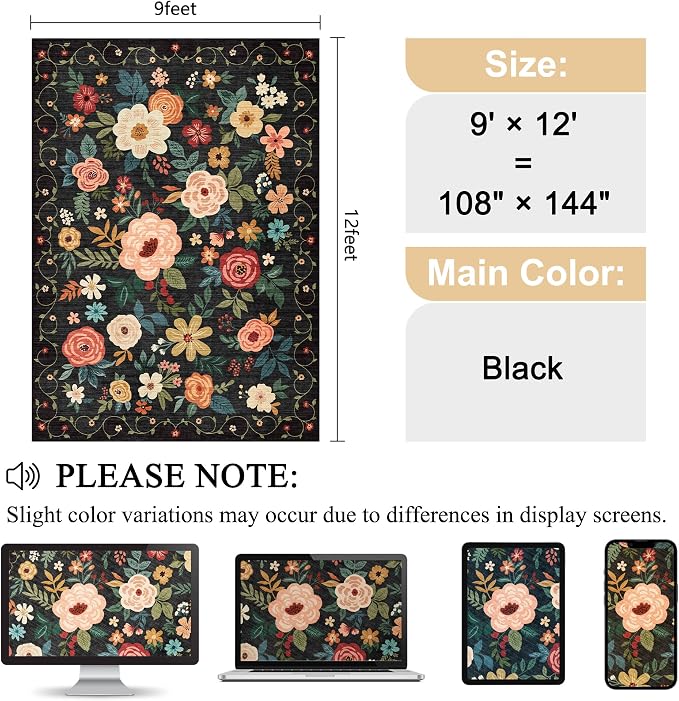 DUKINO 9x12 Area Rug for Living Room, Floral Washable Rug Non Slip, Low Pile - Image 2