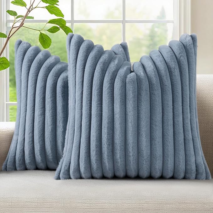 decorUhome Fall Faux Fur Throw Pillow Covers 20x20 Set of 2 Grey Blue | by decorUhome