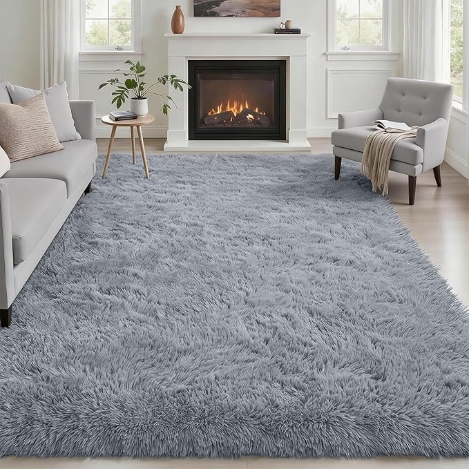 Area Rug Living Room Bedroom: 6x9 Fluffy Plush Shag Carpet Gray | by Luxturiy