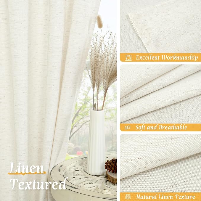 Natural Cream Linen Curtains for Living Room 72 Inch Length 2 Panels | Light - Image 7
