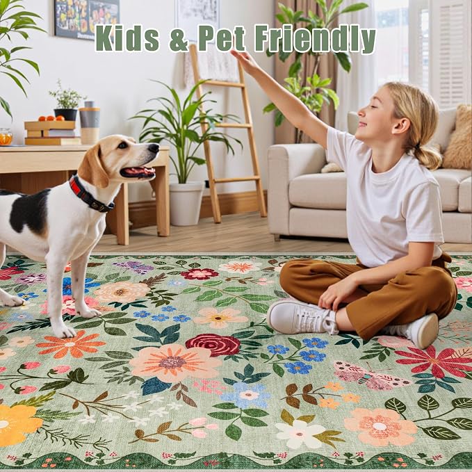 PLHXFR Area Rug 10x14 Living Room: Floral Washable Boho Soft Carpet Green | - Image 7