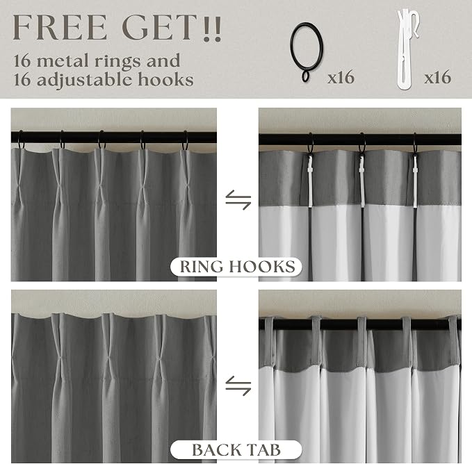 Grey 100% Blackout Pinch Pleat Linen Curtains 108 Inches Long - Image 6