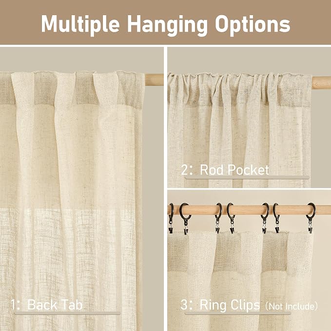 Semi Sheer Beige Linen Curtains 72 inch 2 Panels, 34 x 72 Inch | Light - Image 2