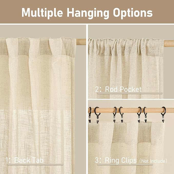 Short Linen Window Curtains 40 Inch Length 2 Panels, 34 x 40 Inch | Beige - Image 3