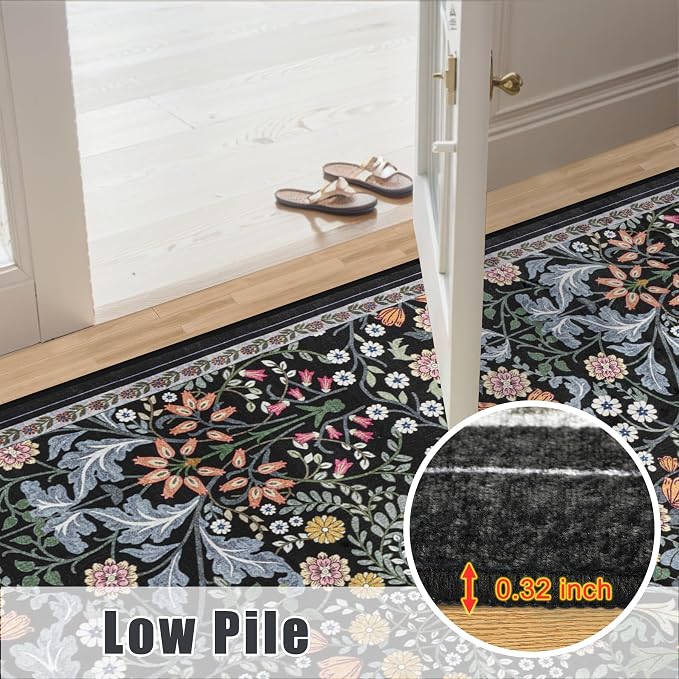 PLHXFR 8x10 Area Rug Living Room: Floral Washable Boho Carpet Dark Black | - Image 8