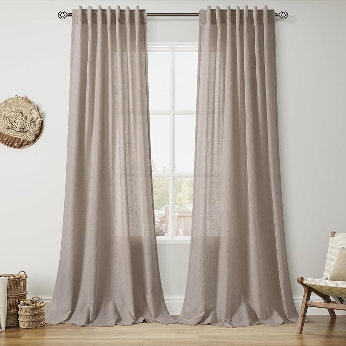Ecru Linen 112 Inch Curtains for Living Room Light Filtering Semi Sheer Curtain by Nanspring