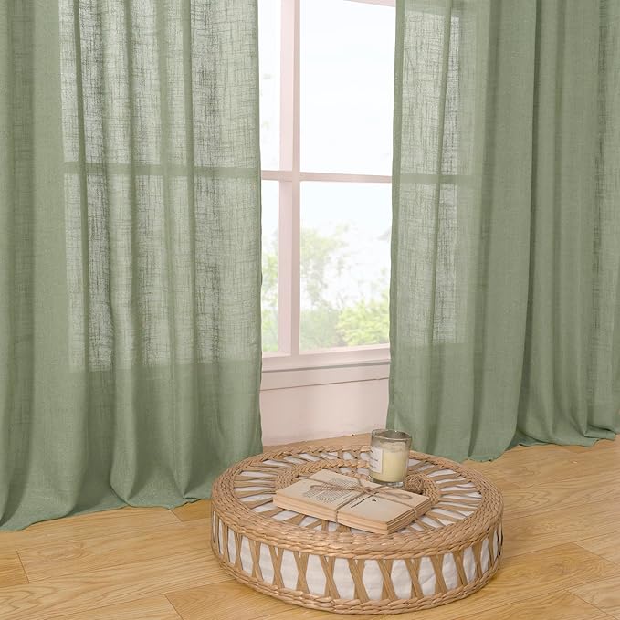 Sage Green Linen Curtains 48 Inch Length 2 Panels, 34 x 48 Inch | Semi Sheer - Image 9