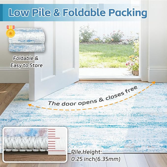 10x14 Washable Area Rug for Living Room Bedroom: Non-Slip Modern Light Blue | - Image 7