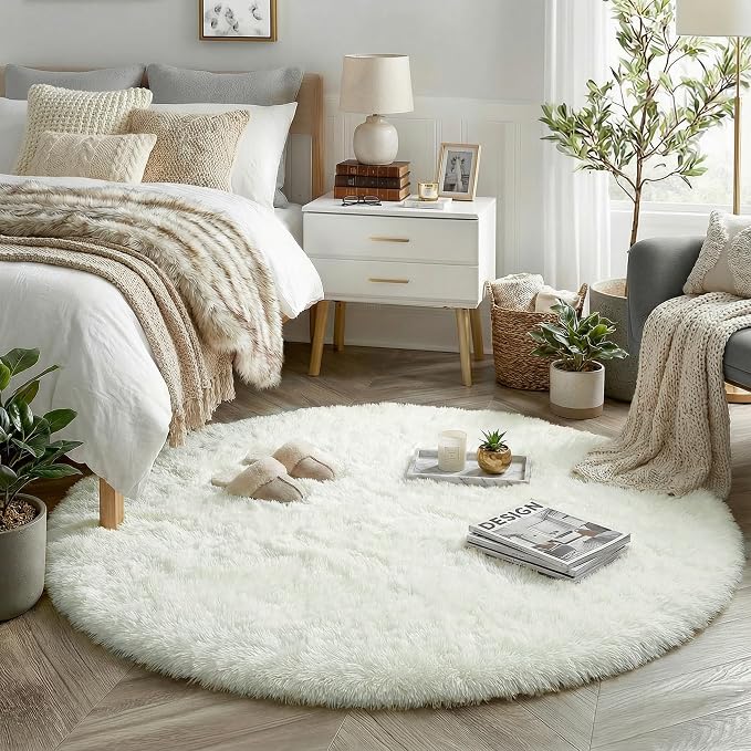 Amdrebio Cream Ivory White Large Round Rug 6Ft by Amdrebio