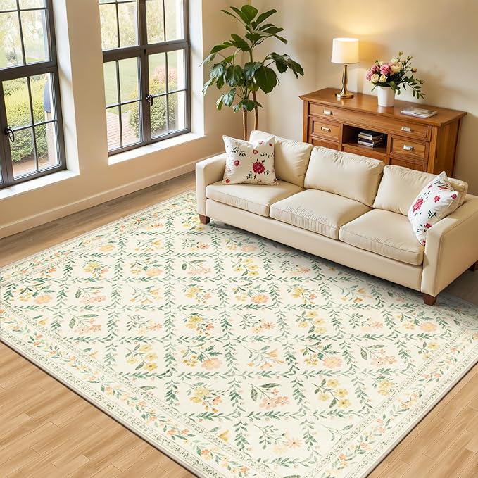 PLHXFR Area Rug Living Room: 4x6 Floral Washable Boho Carpet Beige Multi | by PLHXFRSoftAreaRugs