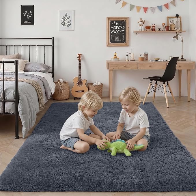 Area Rug Living Room Bedroom: 4x6 Fluffy Plush Shag Carpet Grey | - Image 7
