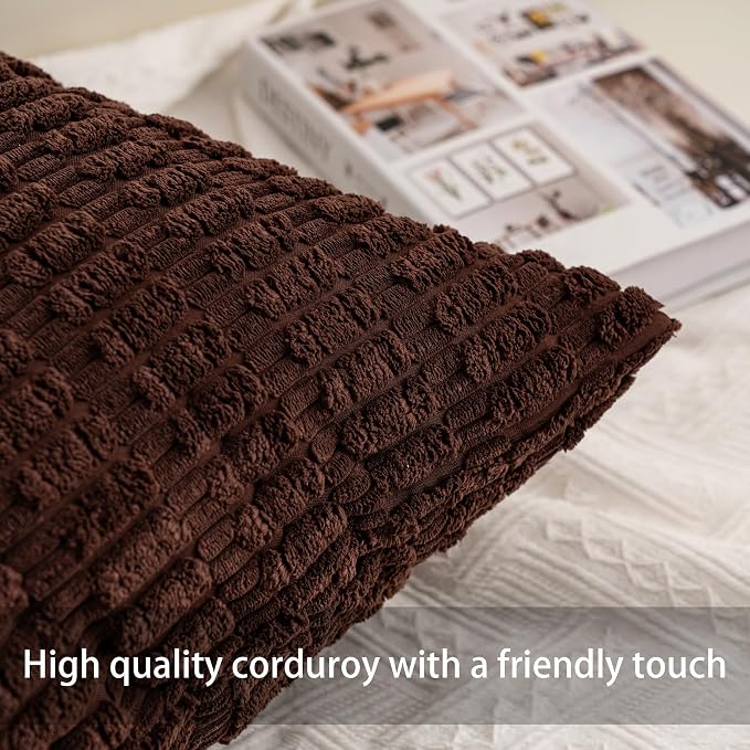 Pack of 2 Corduroy Decorative Throw Pillow Covers 22x22 Inch, Dark Brown | Fall - Image 2