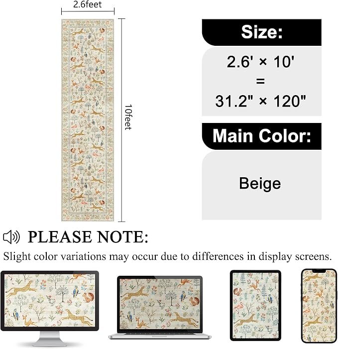 DUKINO 2.6x10 Washable Runner Rug, Non Slip Animal Rug - Image 2