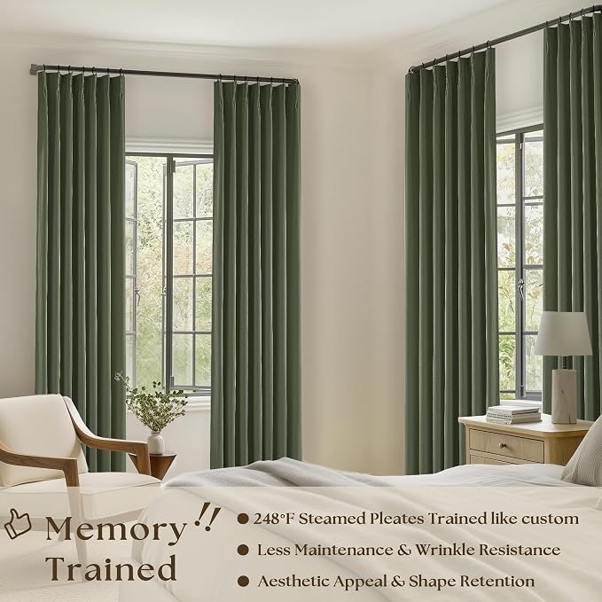 Olive Green Pinch Pleated Linen Blackout Curtains 90 Inch Long - Image 2