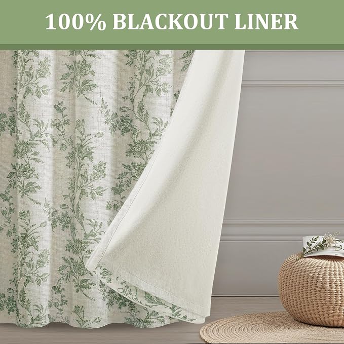 Sage Green Boho Floral 100% Blackout Curtains 84 Inch 2 Panels | Farmhouse - Image 4