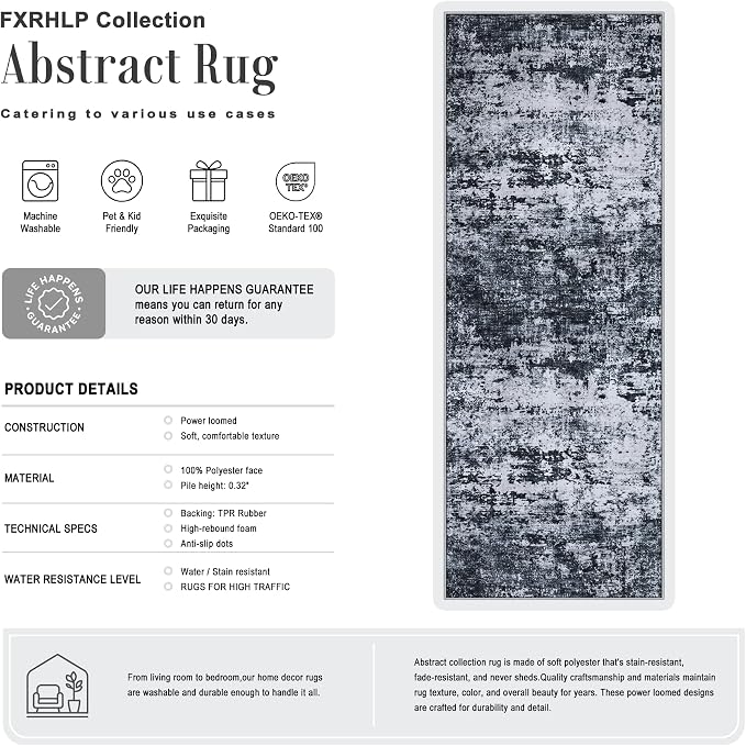 2.6x8 Washable Runner Rug：Modern Abstract Kitchen Carpet Black | - Image 2
