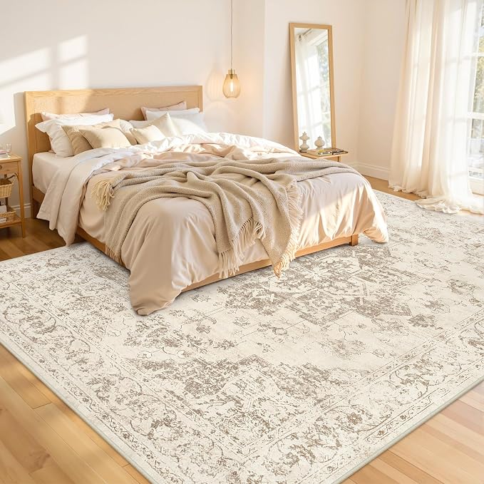 8x10 Area Rugs Living Room: Bedroom Washable Carpet Beige/Ivory | Vintage Boho - Image 2