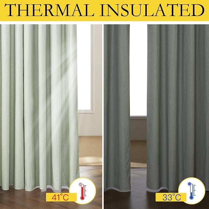 NICETOWN Sage Green Blackout Linen Curtains 95" Long, 2 Pieces, Bronze Grommet - Image 3