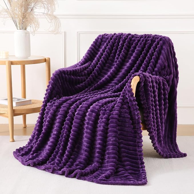 Deep Purple Throw Blanket for Couch Sofa 50x70 inches Striped Design | Fleece - Image 3
