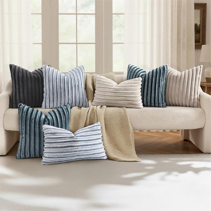 decorUhome Fall Faux Fur Throw Pillow Covers 24x24 Set of 2 Blue Grey | - Image 5
