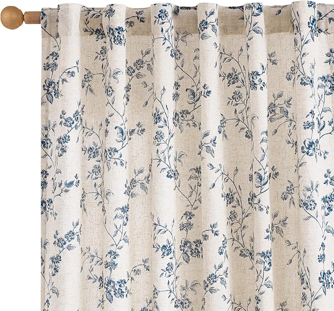 Blue Vintage Floral Linen Curtains Farmhouse 50W X 84L 2 Panels | Elisa Series by Lazzzy