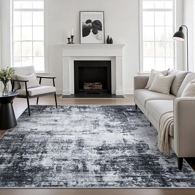 Area Rug Living Room: 5x5 Modern Washable Soft Carpet Dark Black | by FXRHLP