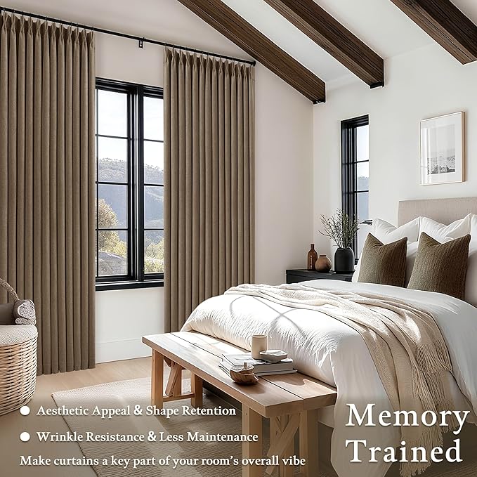 Latte Pinch Pleated 100% Blackout Linen Bedroom Curtains 86 Inch Length | - Image 4