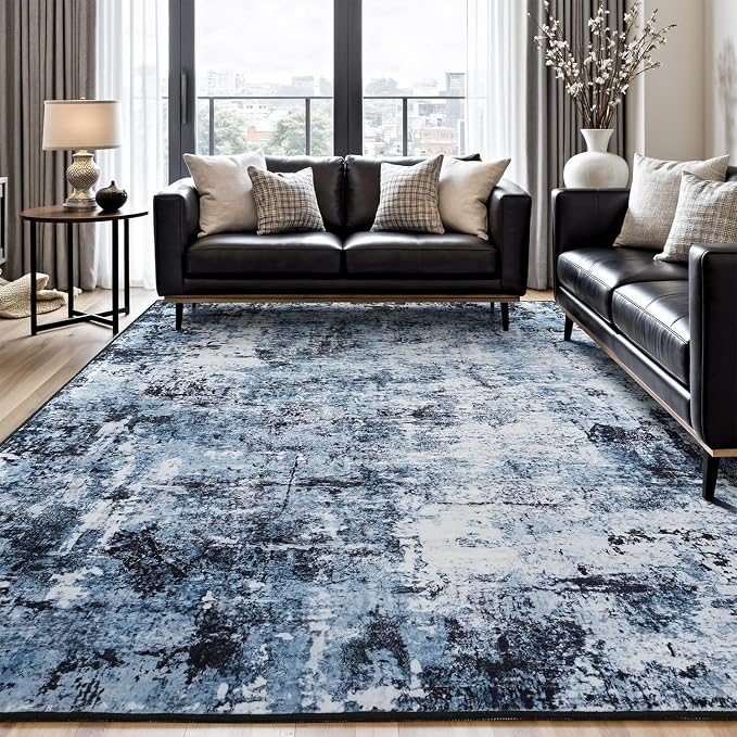 Rugflix 9x12 Area Rugs for Living Room, Washable Navy Blue Dark Large Rug | by RugflixAreaRugs