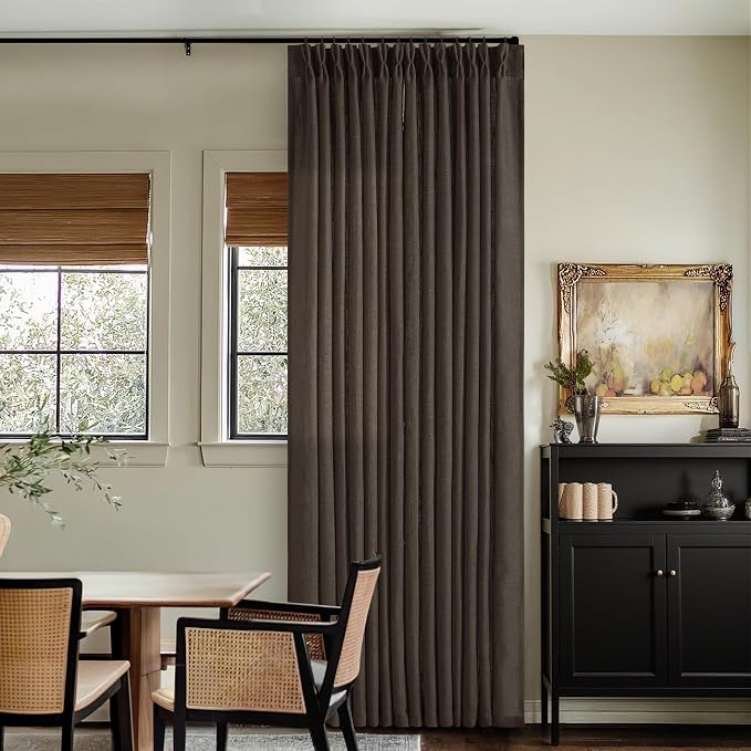 Dark Chocolate 108 Inch Pinch Pleated Semi Sheer Linen Curtains 2 Panels | - Image 9