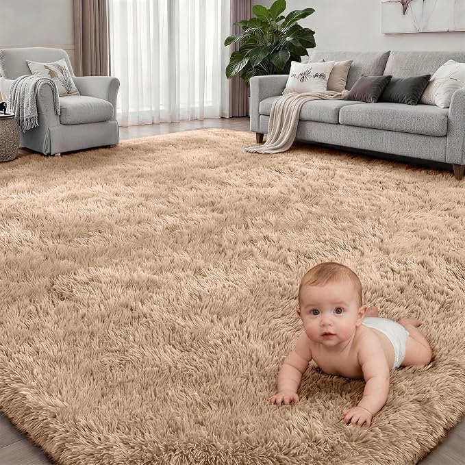9x12 Area Rug Living Room Bedroom: Fluffy Plush Shag Carpet Beige | - Image 2