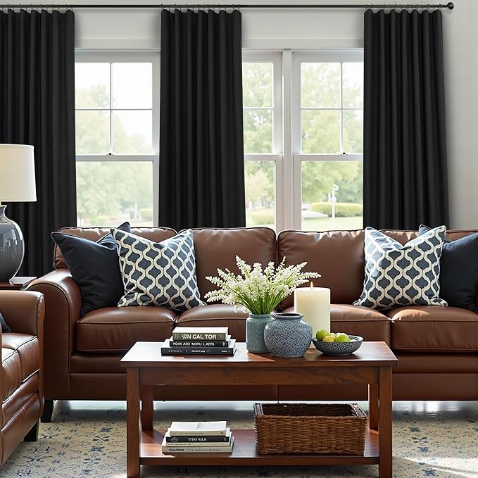 Long Black Curtains for Living Room Modern Farmhouse Linen Black Out Drapes for - Image 2