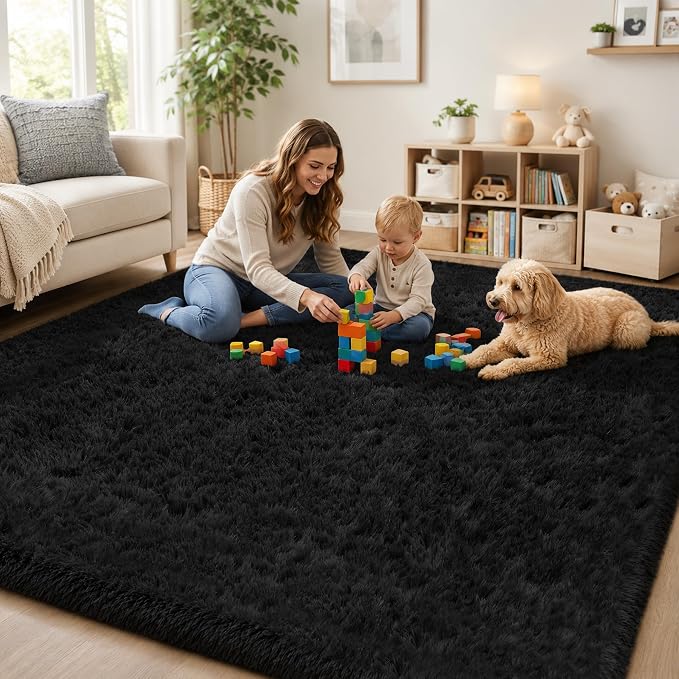 PLHXFR 9x12 Area Rugs Living Room: Fluffy Bedroom Rug Shag Carpet Black | - Image 9