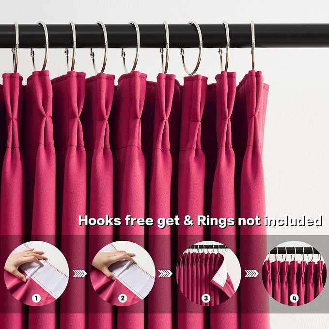 Pinch Pleated Hot Pink Blackout Curtains 63 Inches Long, Sound & Light Reducing - Image 2