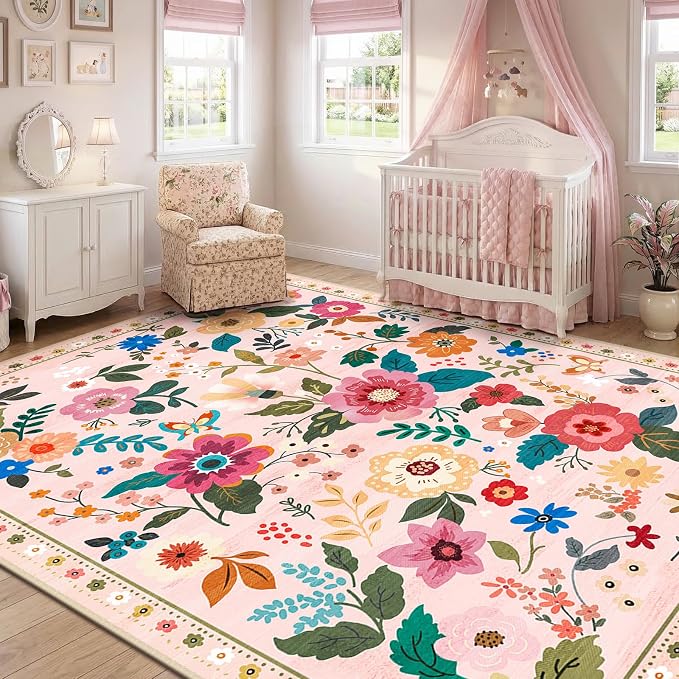 RELEANY Floral Washable 7x9 Area Rugs Pink | Flower Carpet Print Boho Cute Non - Image 2
