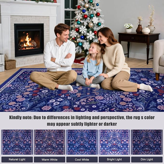 PLHXFR 8x10 Area Rug Living Room: Floral Washable Boho Soft Carpet Blue | - Image 9