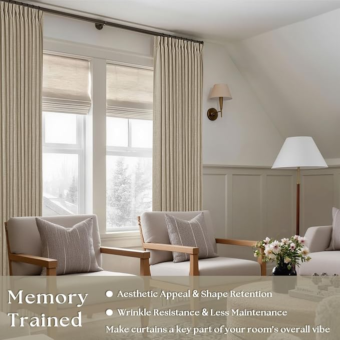 Pinch Pleated Linen Gray Beige Semi Sheer Curtains 102 Inches Long 2 Panels | - Image 2