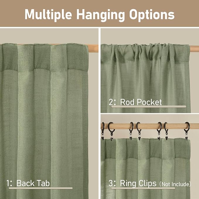 Sage Green Linen Curtains for Living Room, 52 x 78 Inch, 2 Panels | Light - Image 3