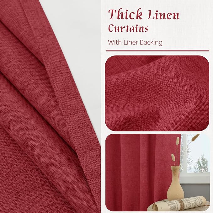 Red 100% Blackout Linen Curtains 63 Inches 2 Panels - Image 7