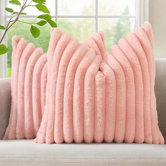 decorUhome Fall Faux Fur Throw Pillow Covers 26x26 Set of 2 Blush Pink | by decorUhome