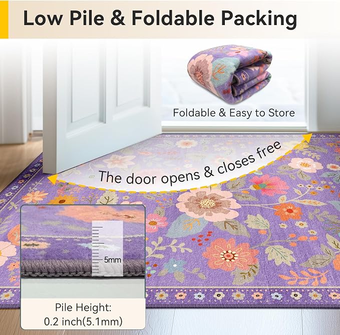 Floral Washable 2x5 Area Rugs Runner Entryway Hallway Purple/Pink | Flower - Image 5