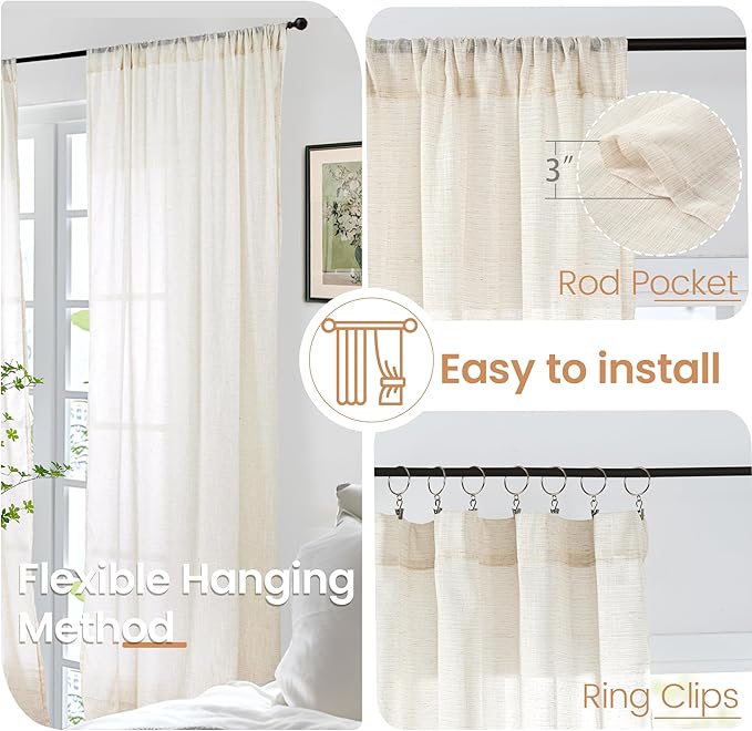 BGment 72 Inch Length Beige Linen Curtains - Image 6