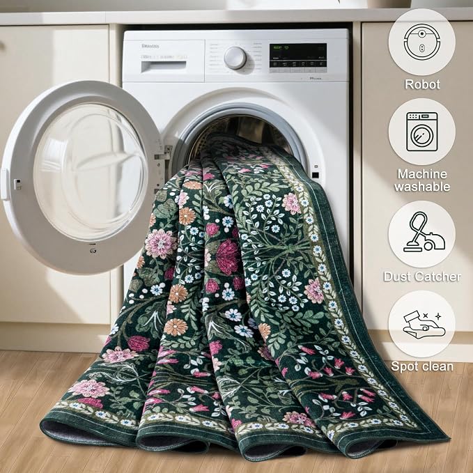 PLHXFR Area Rug Living Room: 4x6 Floral Washable Boho Carpet Dark Green | - Image 6