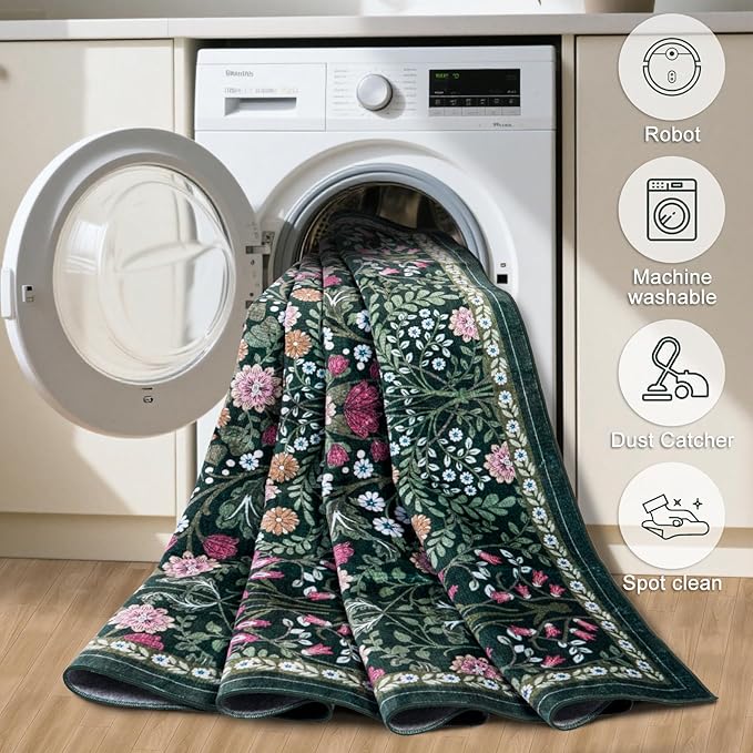 PLHXFR 2.6x10 Washable Runner Rug：Floral Indoor Kitchen Carpet Dark Green | - Image 8