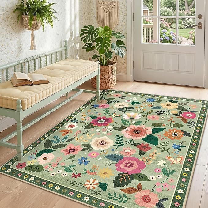RELEANY Floral Washable 4x6 Area Rugs LightGreen | Flower Carpet Print Boho - Image 8