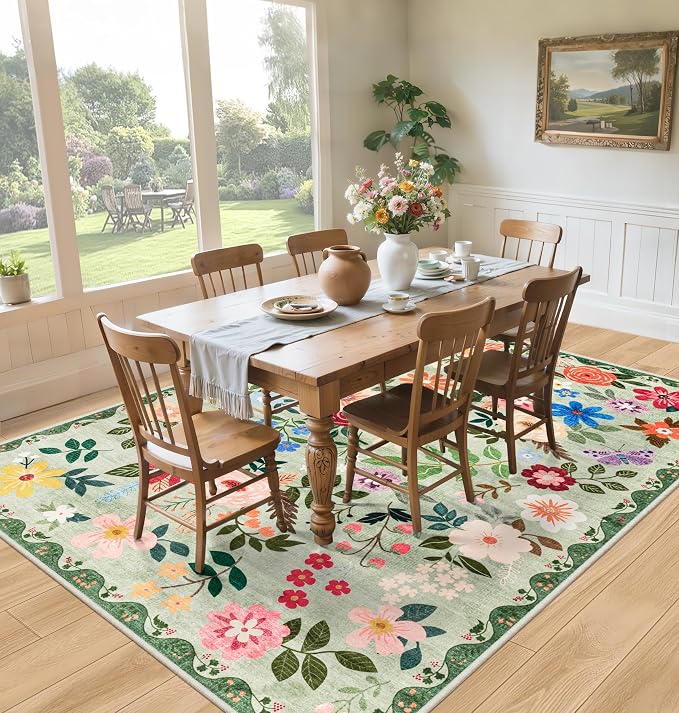 PLHXFR 8x10 Area Rug Living Room: Floral Washable Boho Soft Carpet Green | - Image 4