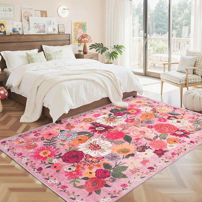 Pink Floral Area Rug 5x7 for Living Room Bedroom | Ultra-Thin; Non Slip; Stain - Image 3