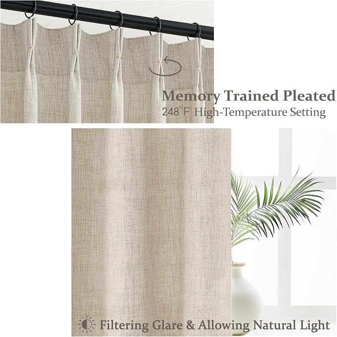 Natural Pinch Pleated Linen Curtains 92 Inches Long 2 Panels Set - Image 3
