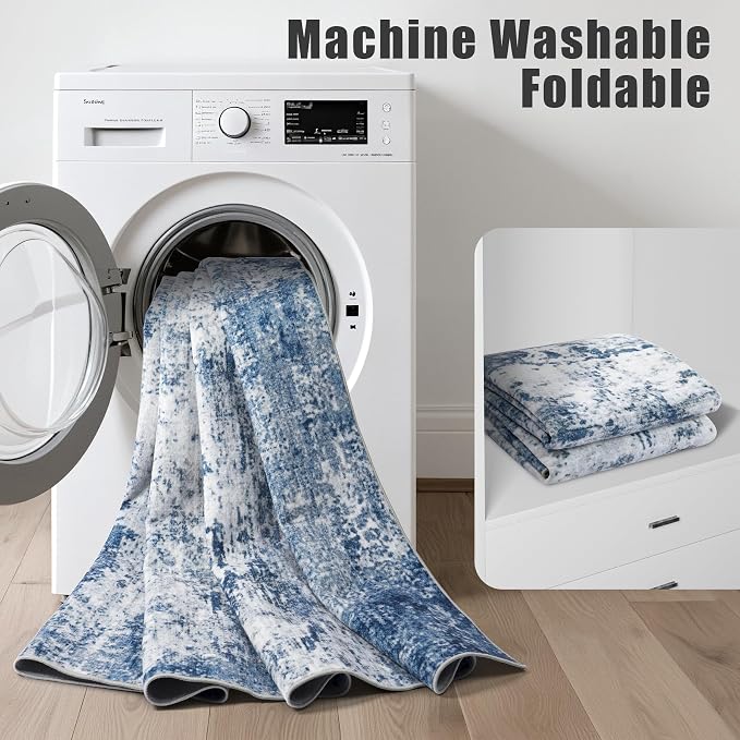 3x8 Washable Runner Rug：Modern Abstract Kitchen Soft Carpet Blue | - Image 5