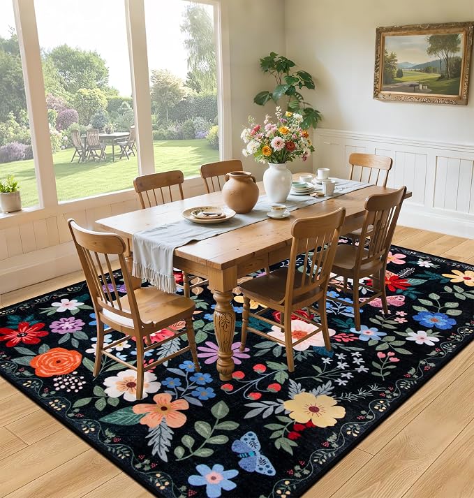 PLHXFR 8x10 Area Rug Living Room: Floral Washable Boho Soft Carpet Black | - Image 4