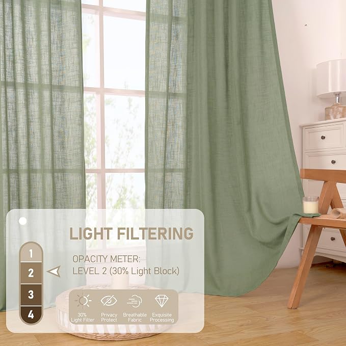 60 Inch Length Semi Sheer Linen Curtains 2 Panels Set, Sage Green Light - Image 4